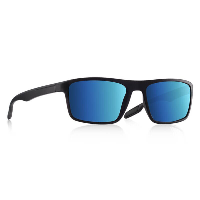 Stylish ultralight square-framed sunglasses for men with blue mirrored lenses and black TR90 frame, SF0960.